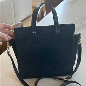 Clare V Navy Suede Structured Tote Bag with crossbody Strap